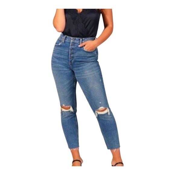 Abercrombie & Fitch Ultra High Rise Distressed Raw Hem Mom Jeans Women's 25 - Picture 2 of 9